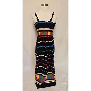Womens 80s 90s Vintage Maxi Dress Black Multicolor Stripes‎